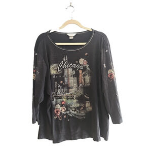 CJ Banks Black Chicago Whimsygoth Artsy Rhinestone Long Sleeve Top Woman Size 3X